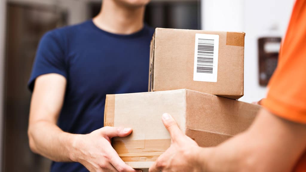 A person wearing an orange T shirt is delivering parcels to a satisfied client. Friendly worker, high quality delivery service.