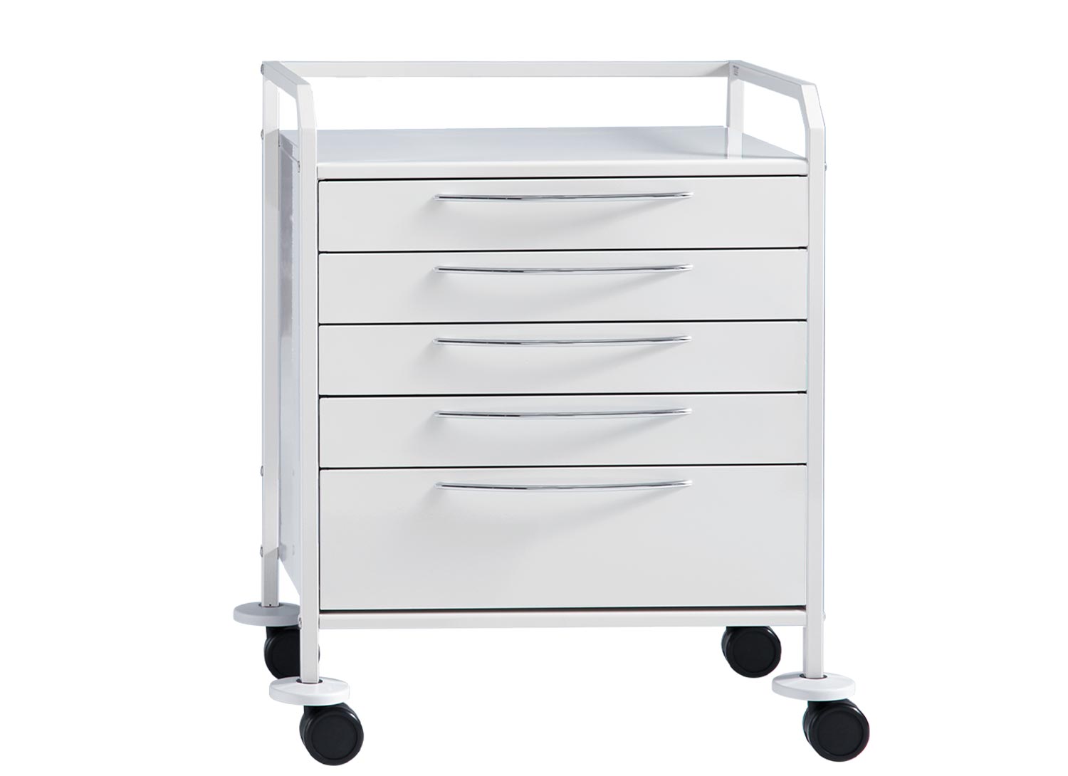 Ein weißer Rollcontainer mit fünf Schubladen und schwarzen Rädern.