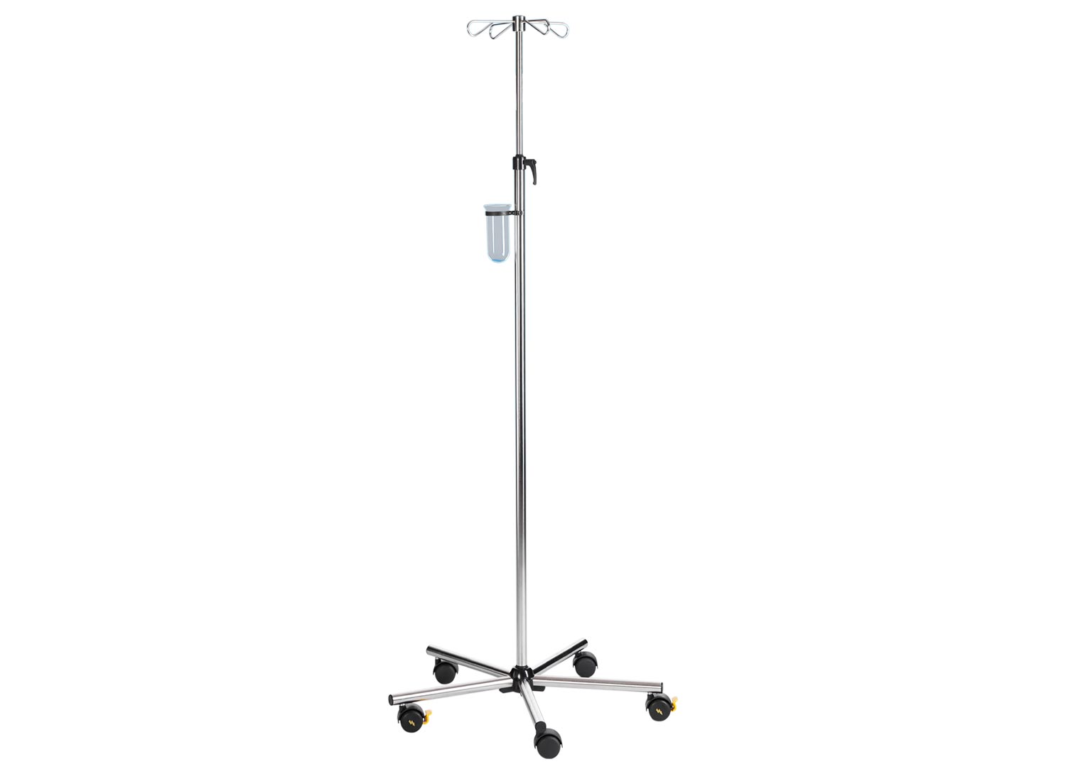 Ein IV-Infusionsständer aus Metall mit Haken, fünf Rollen und einem montierten Becher.