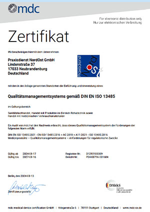 Zertifikat für Qualitätsmanagementsystem DIN EN ISO 13485; enthält Logo und Text.