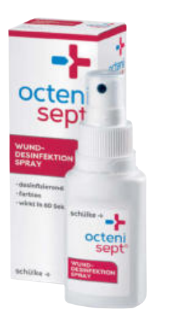 Weisse octenisept Spruehflasche zur Wunddesinfektion mit rotem Etikett